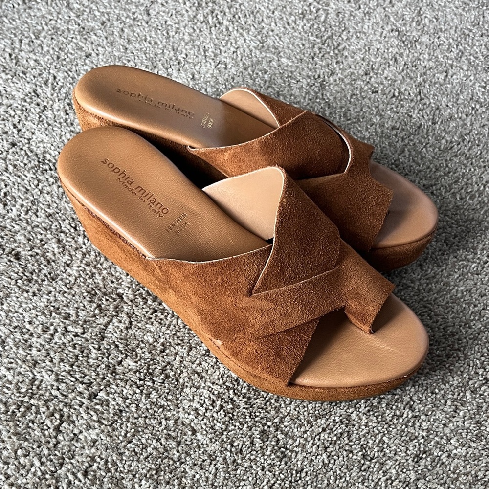 Sophia Millano Tan Suede Wedge Slides